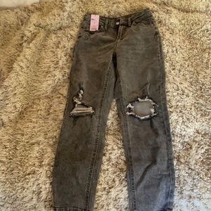 Grey high rise distressed jeans